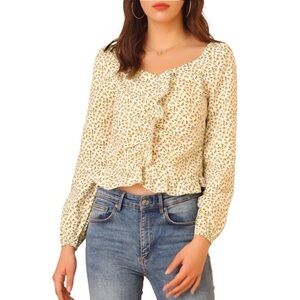 Women’s Allegra K Ditsy Floral Yellow Long Sleeve Ruffle Crop Top Size-XS NWT